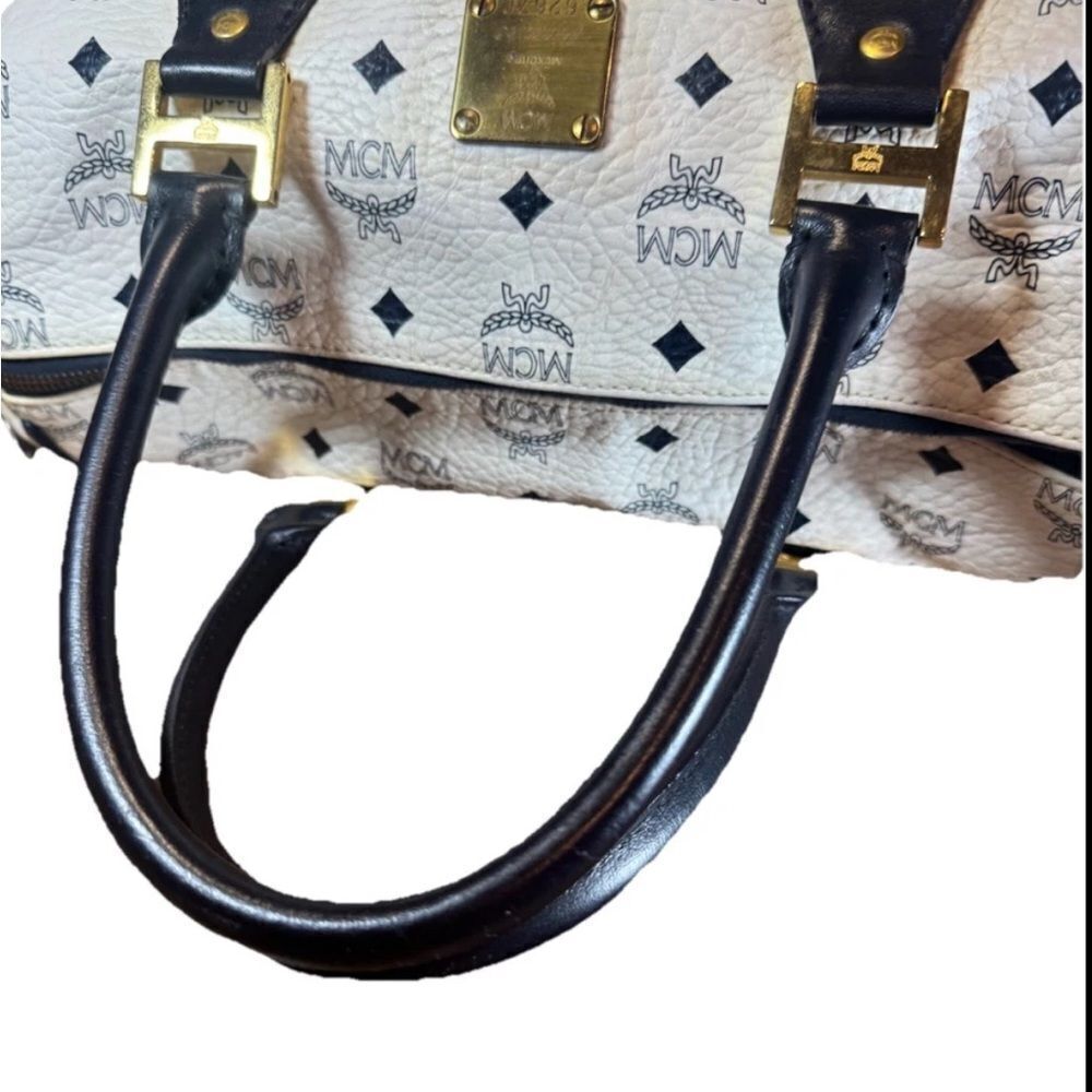 MCM Navy Blue & White Coated Canvas Viestos 2way Boston Bag Auth Vtg - Picture 7 of 16